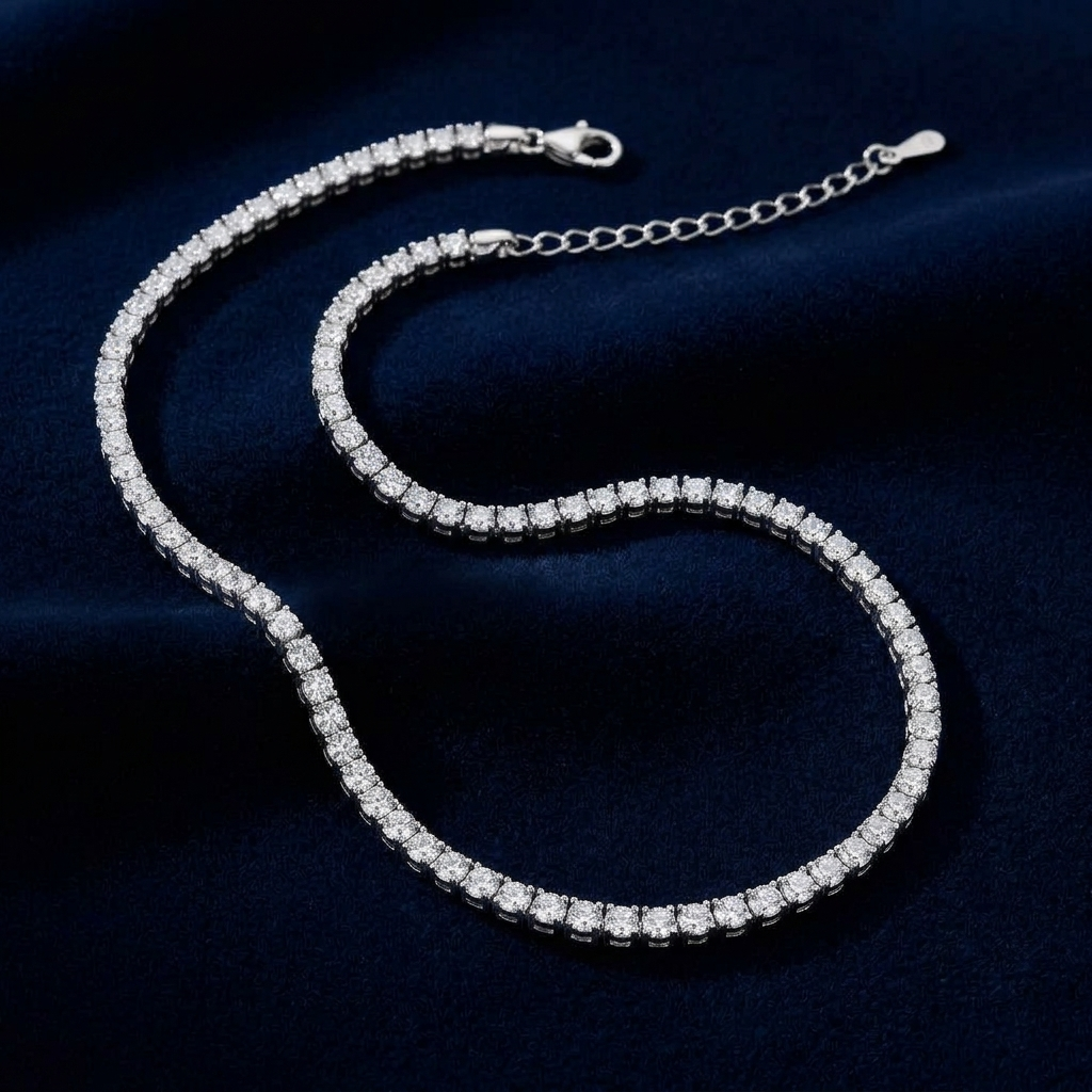 Tennis-Halskette Silber 925 mit Zirkonia auf dunkelblauem Samt
