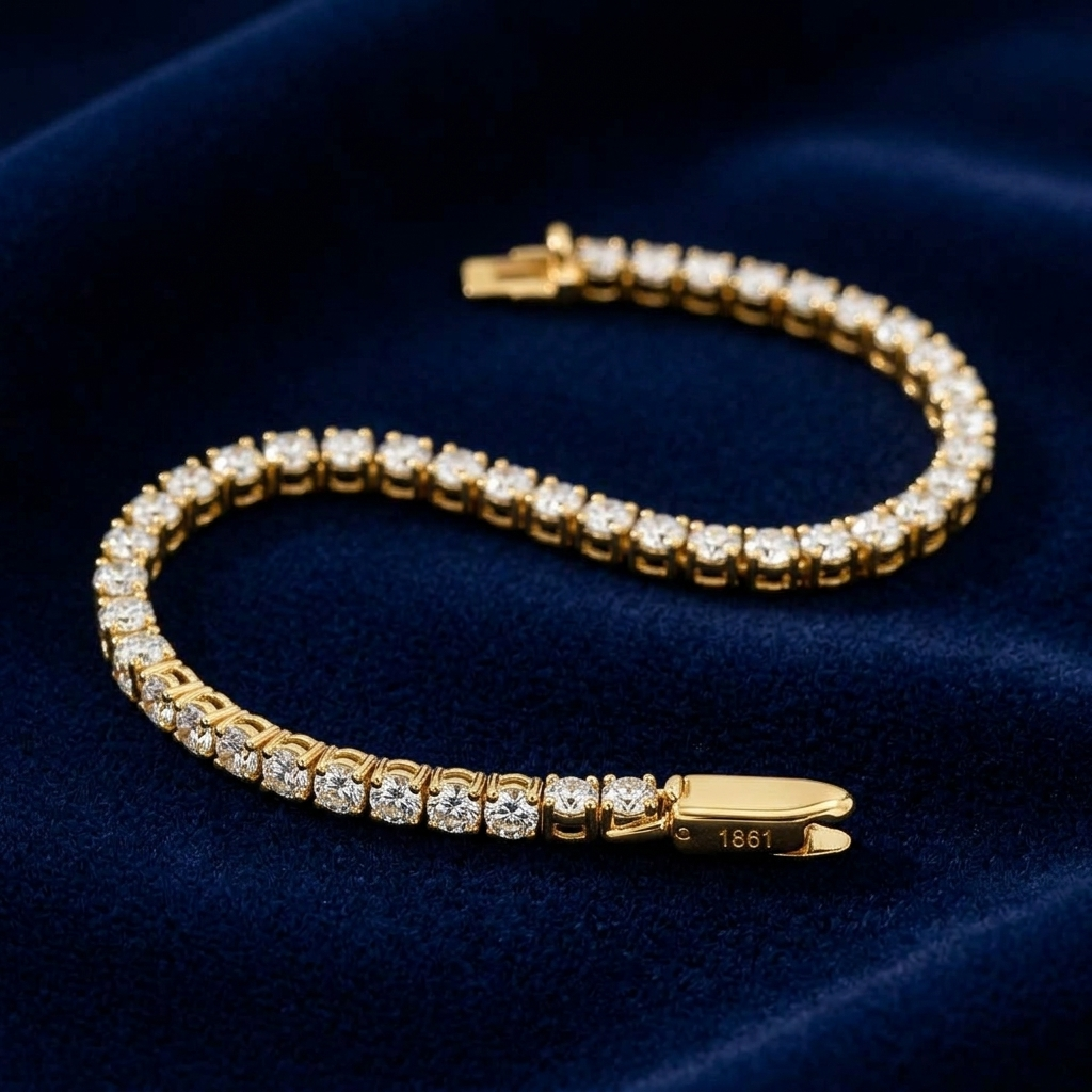 Tennisarmband Gold 585 Lab Grown Brillanten 2,2 mm auf dunkelblauem Samt