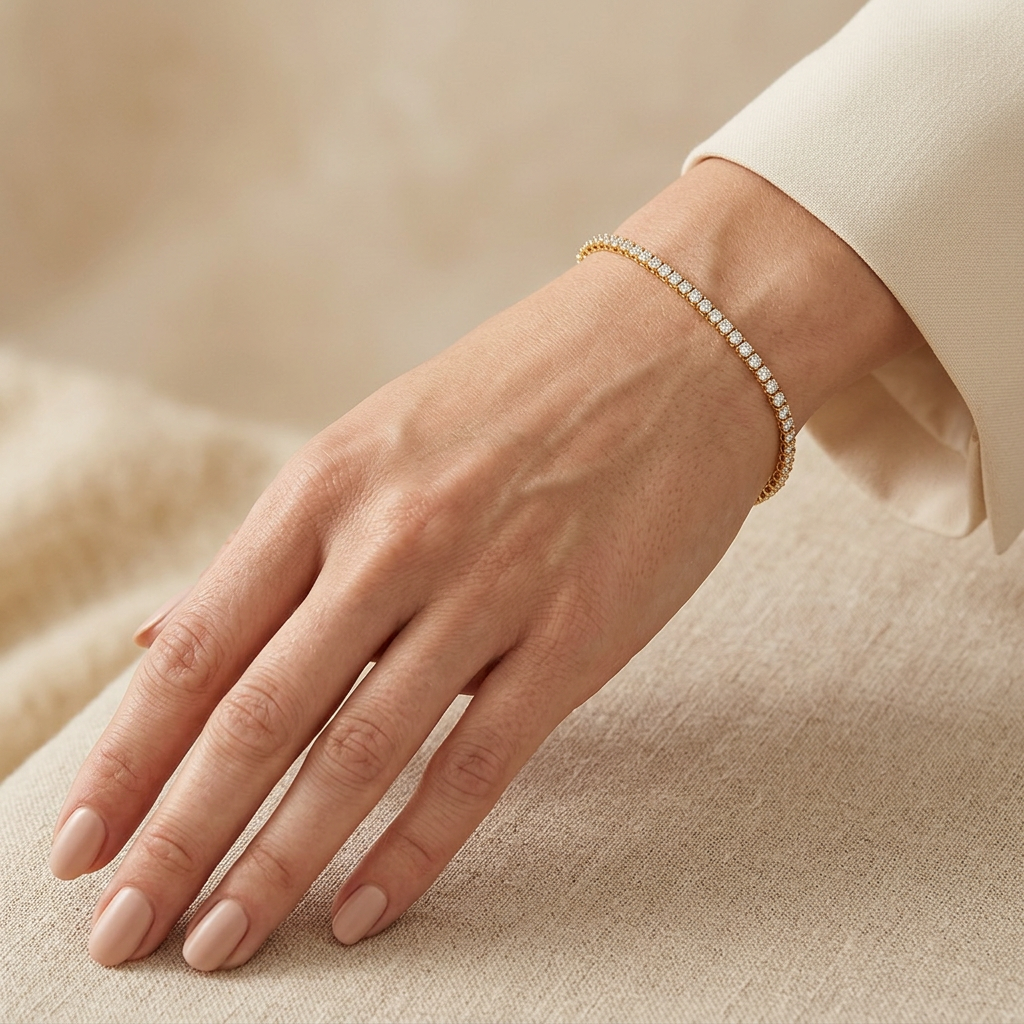 Tennisarmband Gold 585 Lab Grown Brillanten 1,5 mm getragen