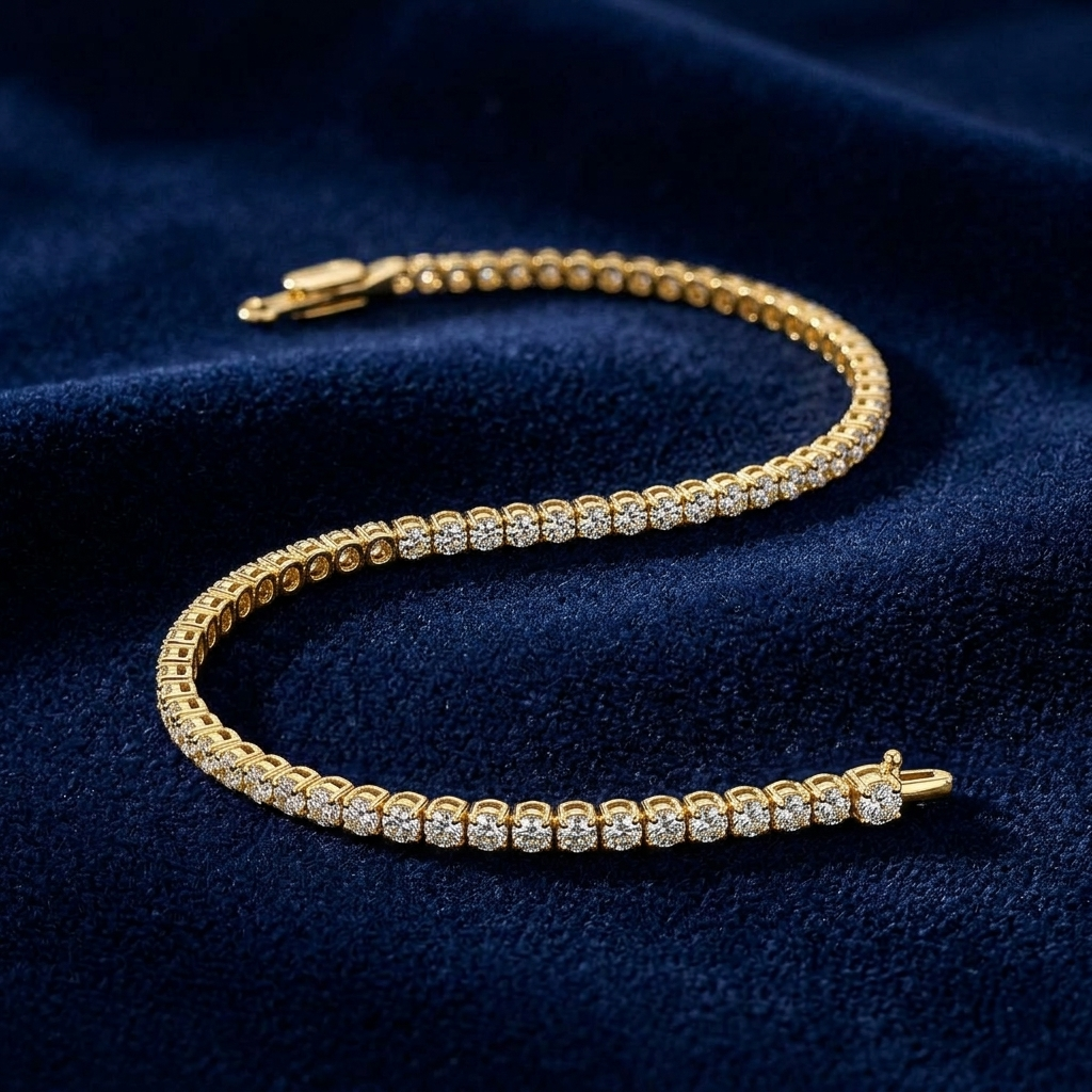 Tennisarmband Gold 585 Lab Grown Brillanten 1,5 mm auf dunkelblauem Samt